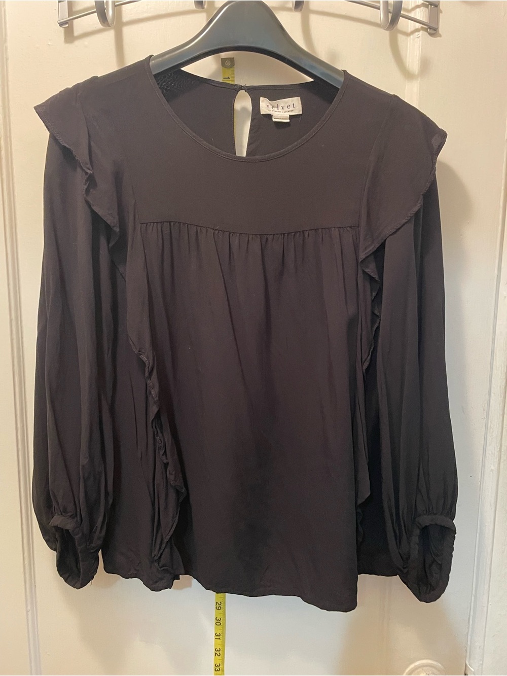 Velvet Black Long-Sleeve Ruffle Shoulder Blouse